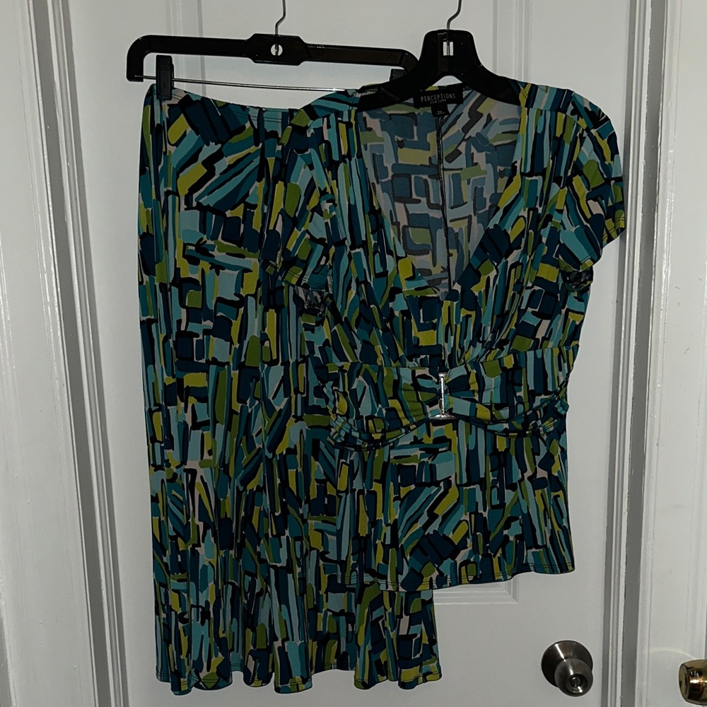Perceptions Blue Green Geometric Two-Piece Top and Skirt Set